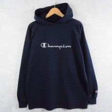 画像1: 90's Champion USA製 ロゴ刺繍 フード付きロンT NAVY L (1)