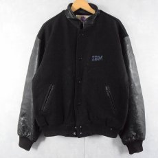 画像1: 90's AJ WEAR CANADA製 "IBM" ロゴ刺繍 メルトン×レザースタジャン BLACK L (1)