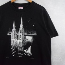 画像1: 90's M.C.Escher "The Downed Cathedral(1928)" アートプリントTシャツ BLACK XL (1)