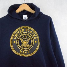 画像1: 90's SOFFE USA製 "U.S.NAVY" リフレクタープリントスウェットフーディー NAVY L (1)