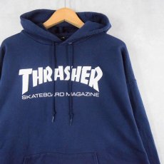 画像1: THRASHER ロゴプリントスウェットフーディー NAVY L (1)