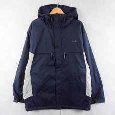 画像1: NIKE ロゴ刺繍 リバーシブル ナイロン×フリースジップパーカー NAVY M (1)