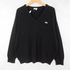 画像1: 80〜90's LACOSTE FRANCE製 Vネック ウールニットセーター BLACK S (1)