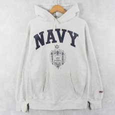 画像1: 90's MV SPORT USA製 REVERSE WEAVE TYPE "NAVY" プリントスウェットフーディ L (1)