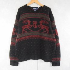 画像1: POLO Ralph Lauren バーズアイ×ノルディック柄 コットンニットセーター BLACK XL (1)