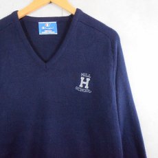 画像1: 90's Champion USA製 "HILL SCHOOL" 刺繍入り Vネック アクリルニットセーター NAVY XL (1)