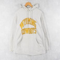 画像1: 90's JANSPORT USA製 REVERSE WEAVE TYPE "WYOMING COWBOYS" プリントスウェットフーディー L (1)