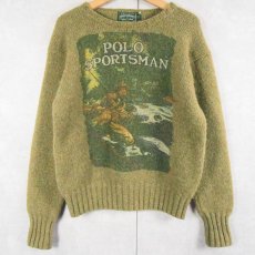 画像1: 80〜90's POLO COUNTRY Ralph Lauren USA製 "POLO SPORTSMAN" プリント ウールニットセーター KHAKI L (1)